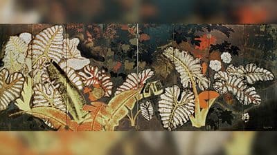 Bình phong, Nguyễn Gia Trí, 1939, sơn mài, 155,5x400cm (gồm 8 tấm ghép lại). Tác phẩm được công nhận Bảo vật Quốc gia năm 2017