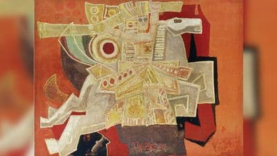 Gióng, Nguyễn Tư Nghiêm (1922-2016), 1990, sơn mài, 90x120,3cm. Tác phẩm được công nhận Bảo vật Quốc gia năm 2017. Ảnh tư liệu Bảo tàng Mỹ thuật Việt Nam